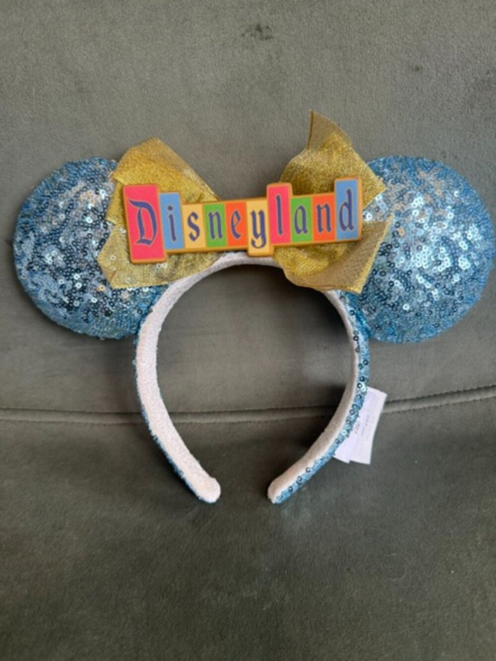 Disney Parks Disneyland Sign Minnie Ears Light Blue Sequin Gold Bow Headband